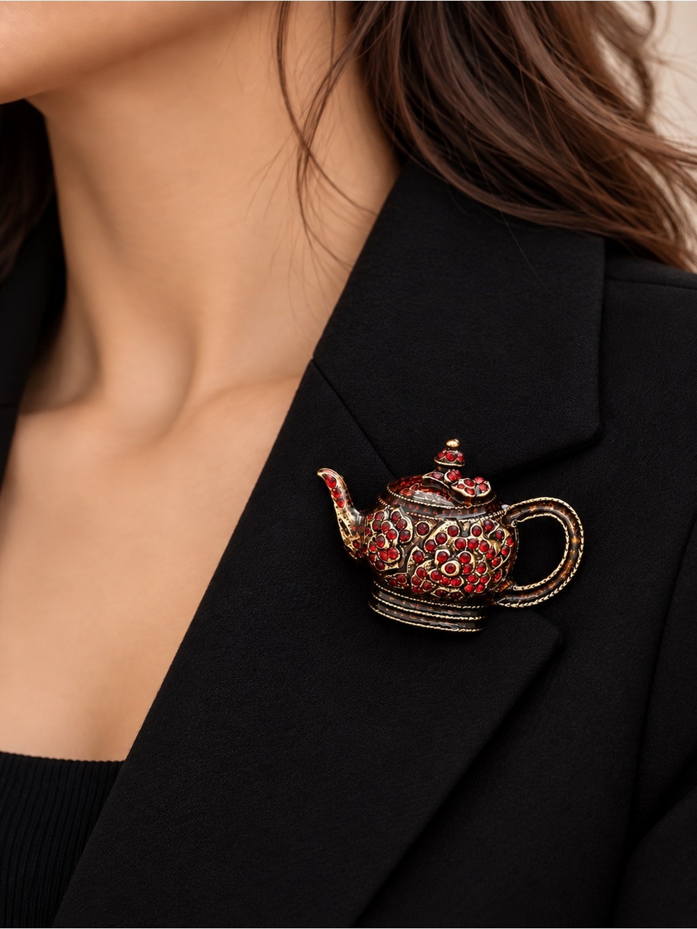 Red Crystal Teapot Brooch